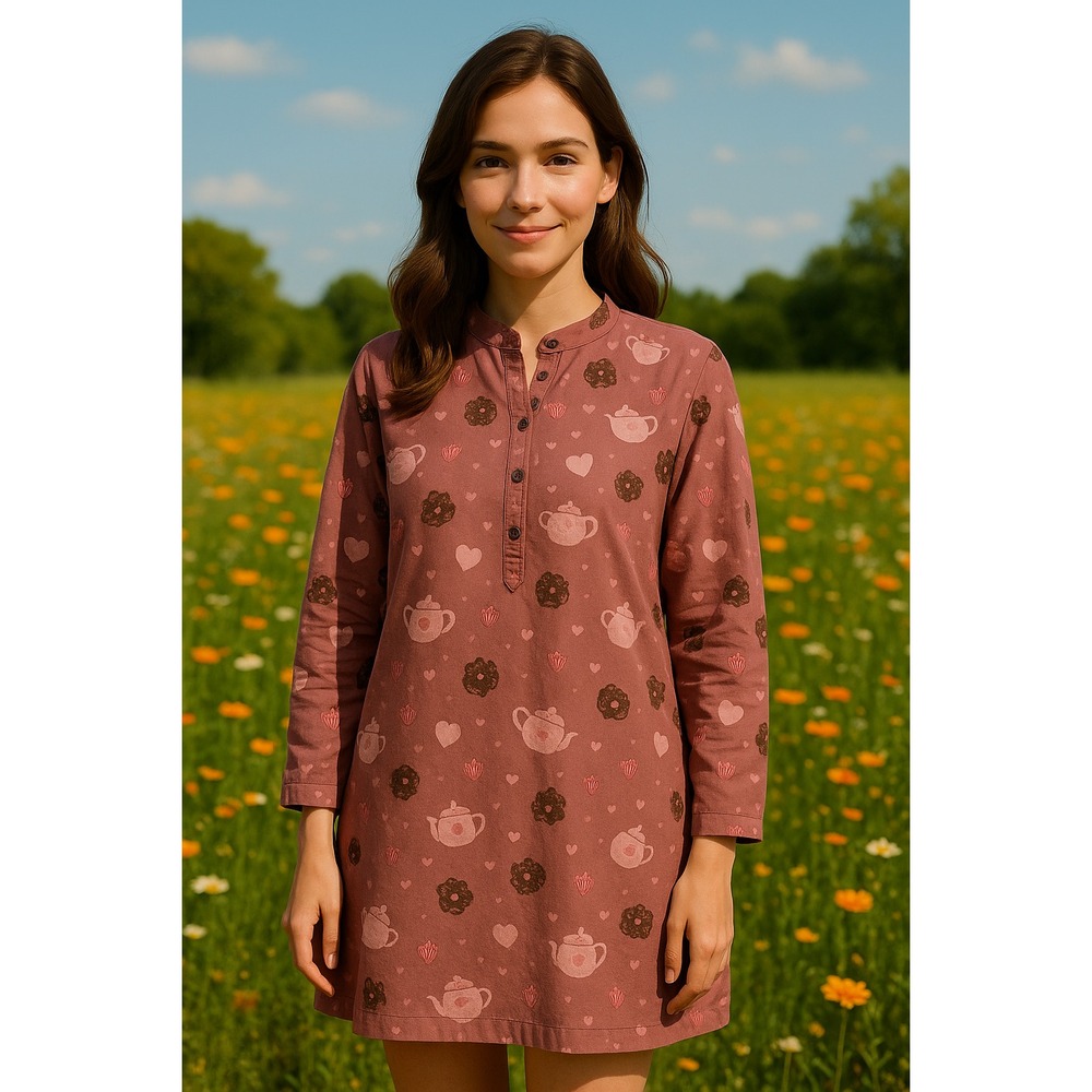 Kay Anna Flannel Pajama Top Cups Hearts Print Sleepwear Nightshirt Size M Cotton